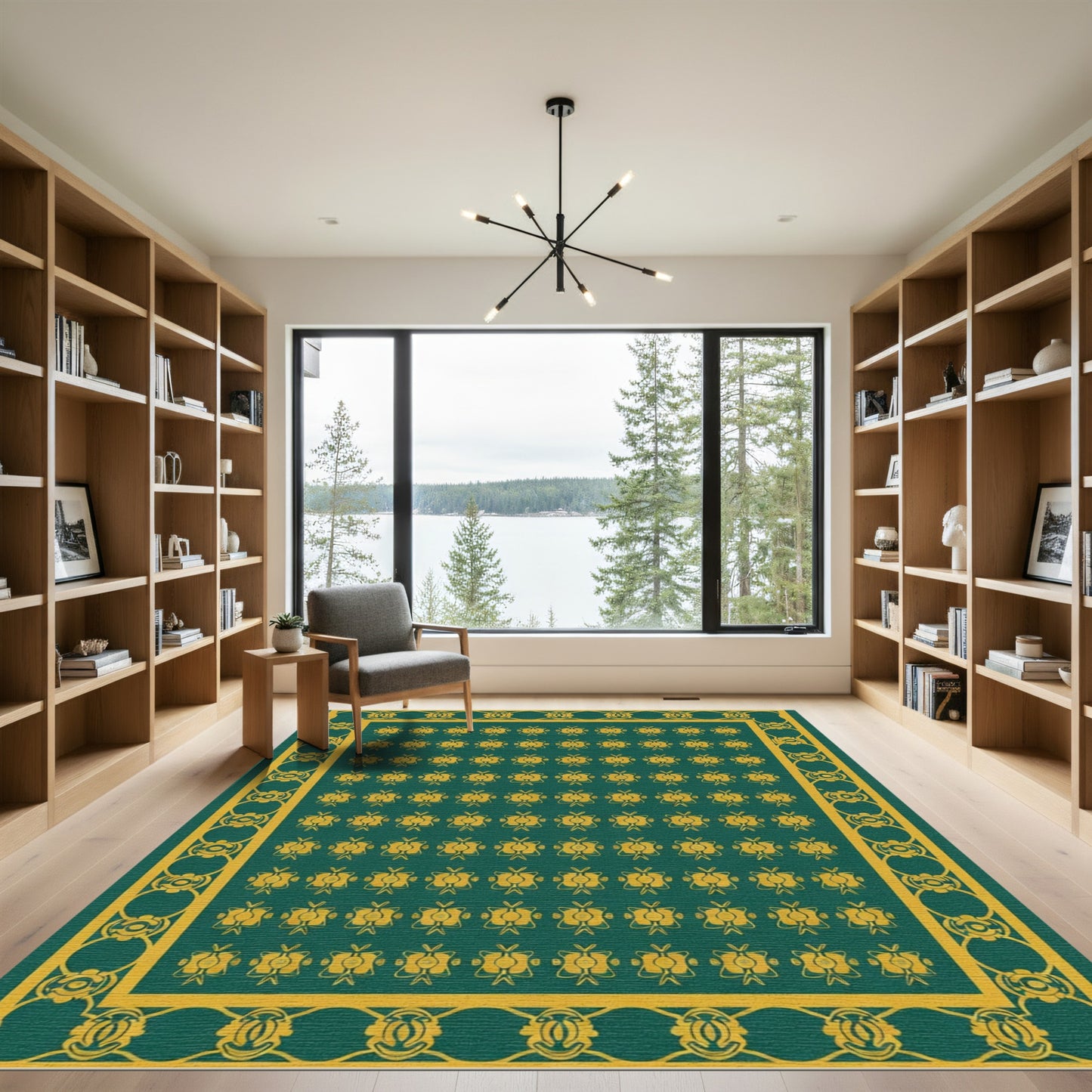 Gold Emerald Repeating Floral Border Rug