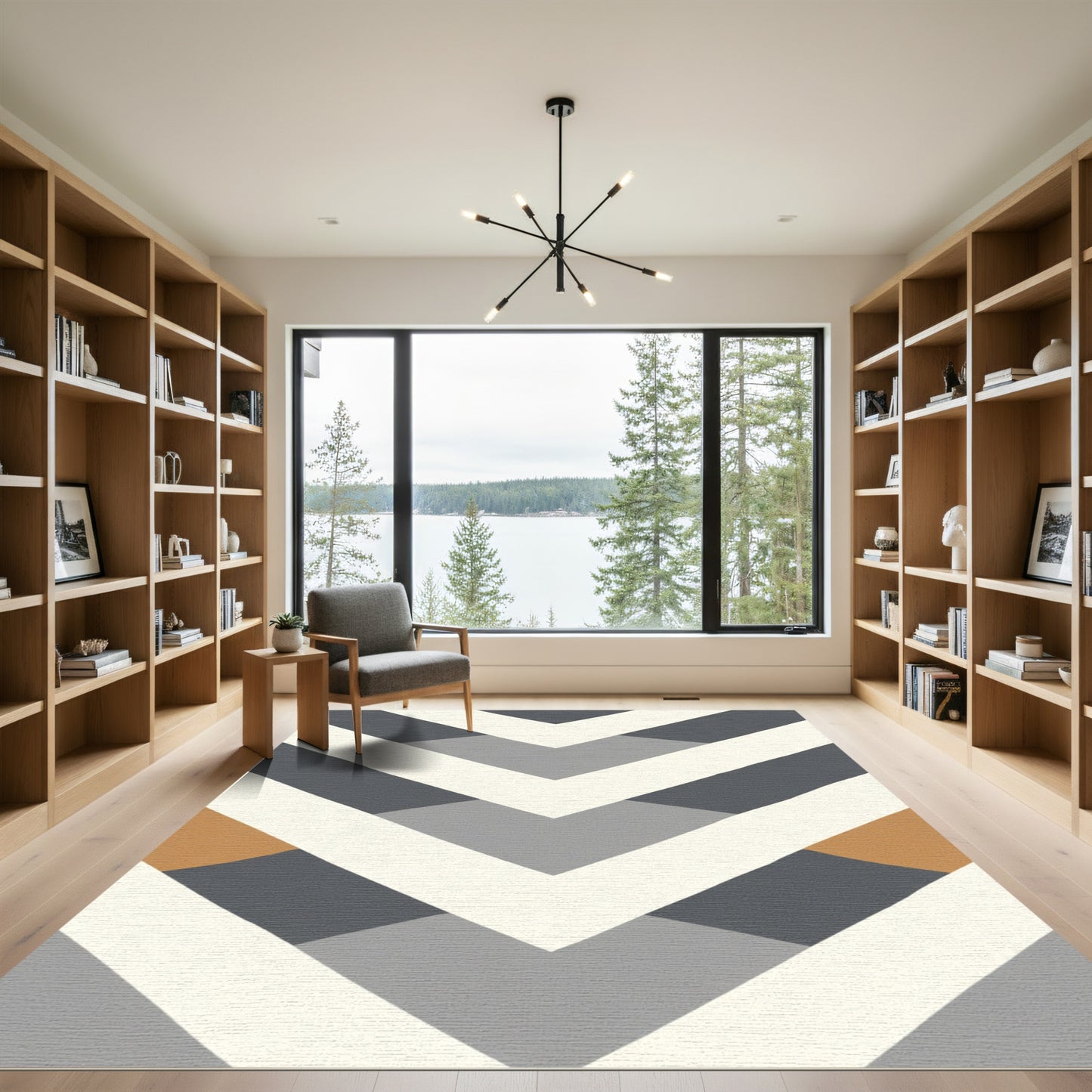 Chevron Gray Gold White Geometric Accents Rug