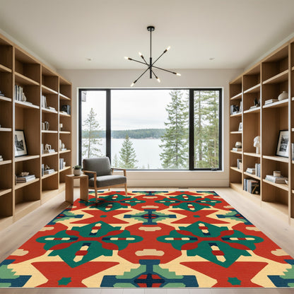Crimson Teal Geometric Tribal Folk Rug