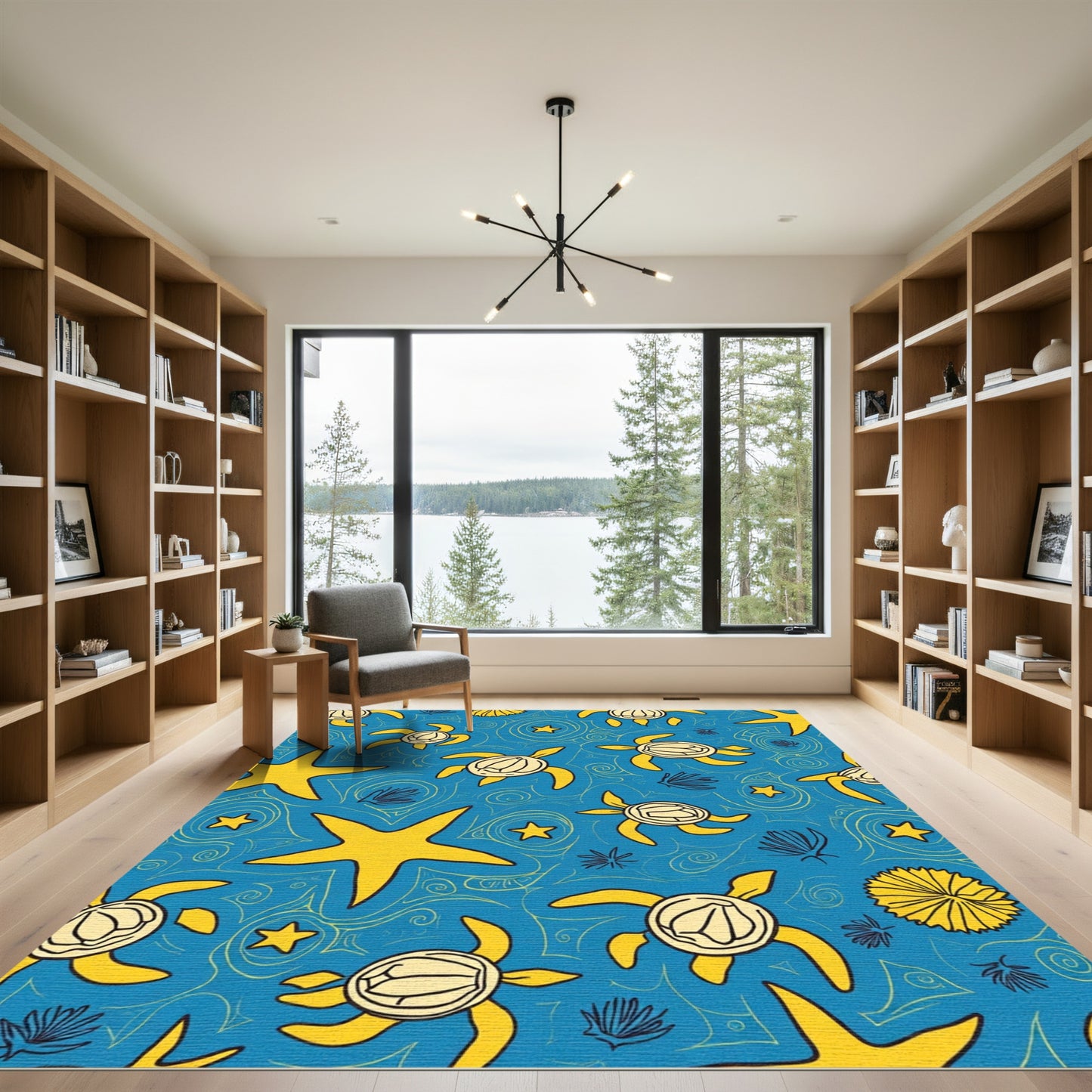 Sea Turtle Yellow Starfish Ocean Swirls Rug