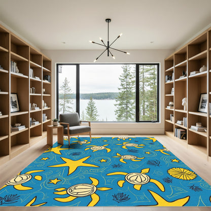 Sea Turtle Yellow Starfish Ocean Swirls Rug