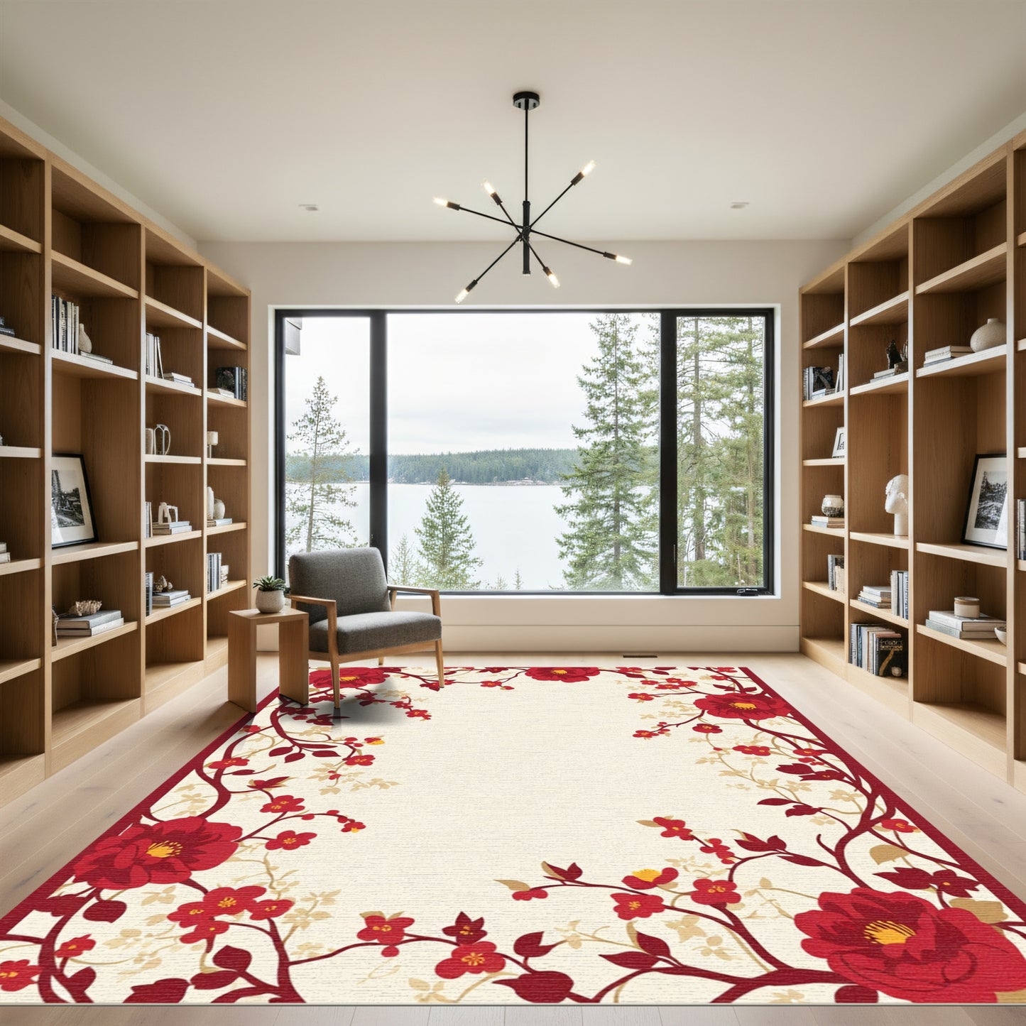 Vibrant Red Floral Branches Beige Background Rug