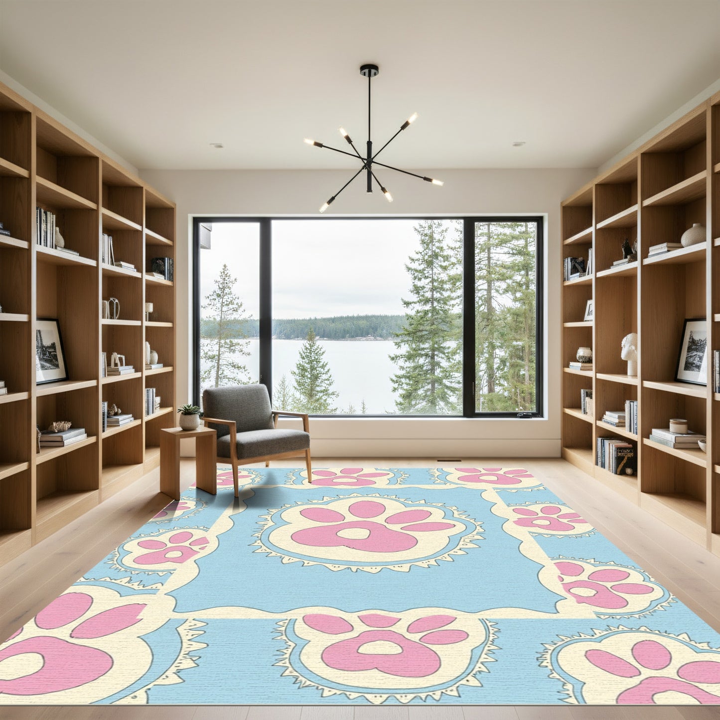 Cute Paw Print Blue Cream Composition Rug