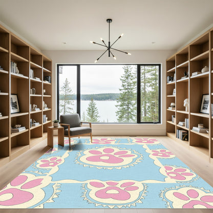 Cute Paw Print Blue Cream Composition Rug
