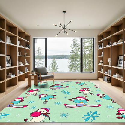 Cute Snowman Skiing Turquoise Snowflake Rug