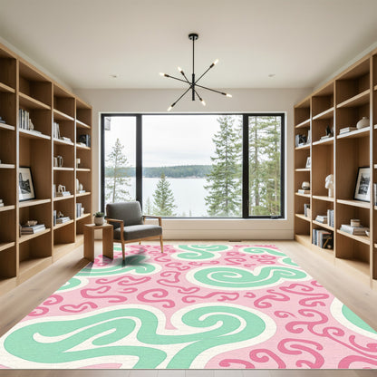 Pink Mint Swirl Curvilinear Rug