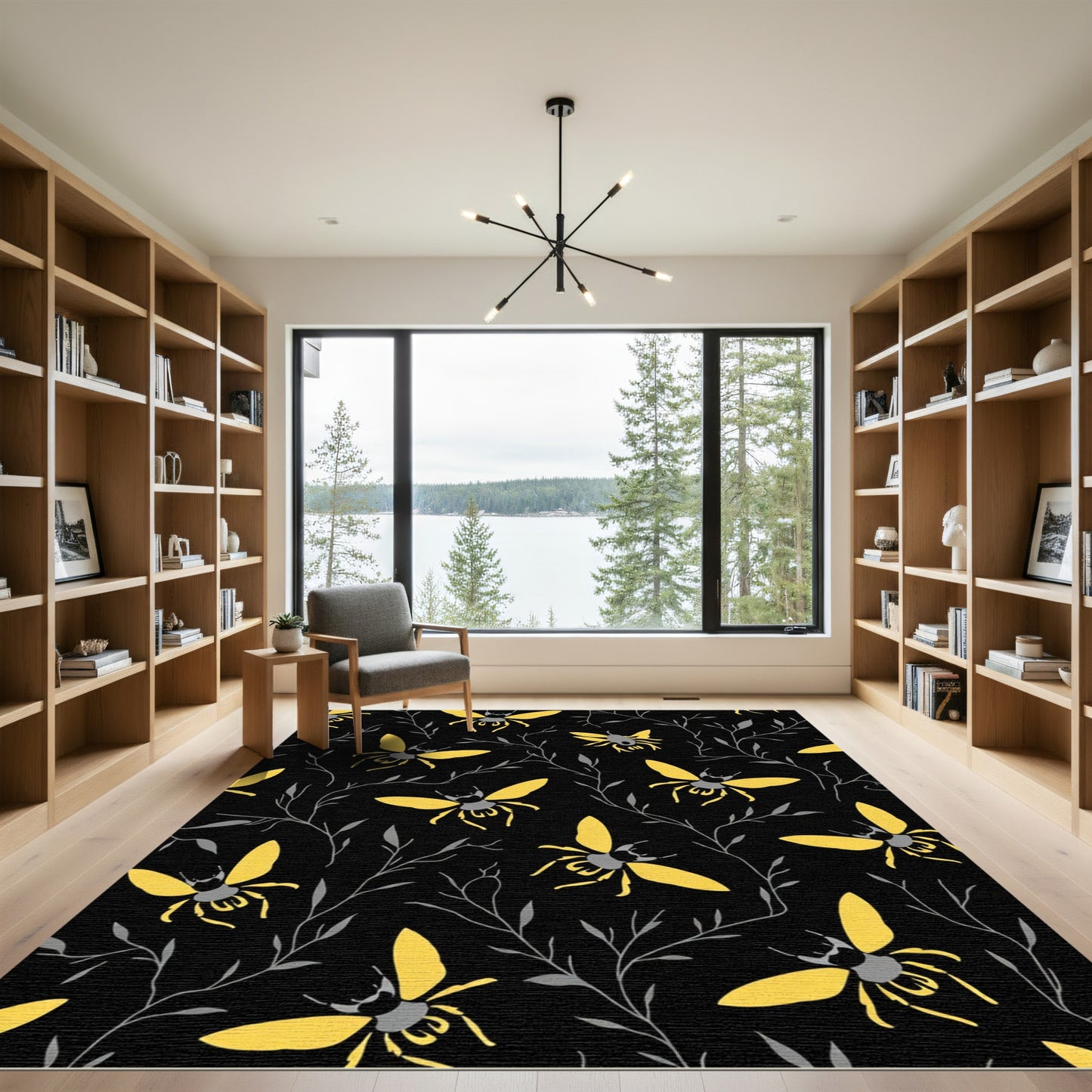 Yellow Bees Black Branch Swirl Rug