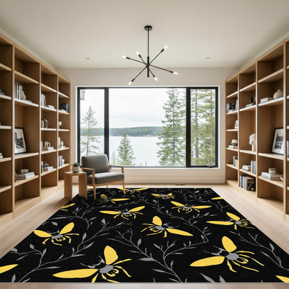 Yellow Bees Black Branch Swirl Rug