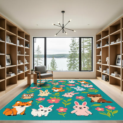 Pink Green Woodland Animals Floral Rug