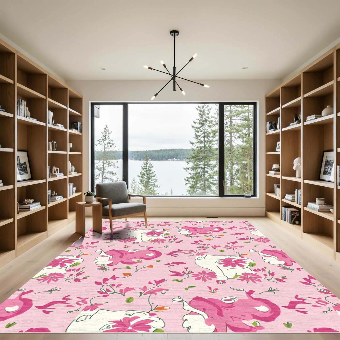 Whimsical Pink Elephant Floral Garden Rug