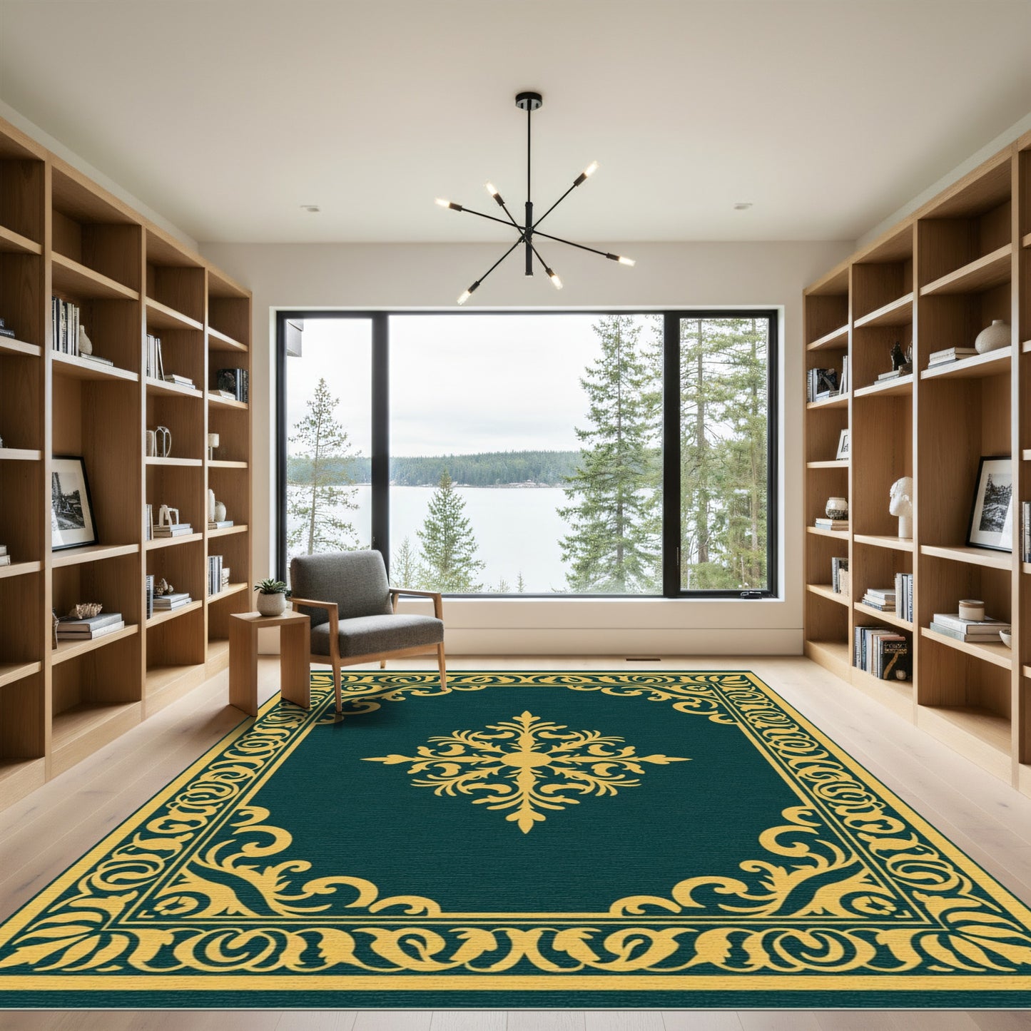 Deep Teal Golden Scroll Floral Medallion Rug