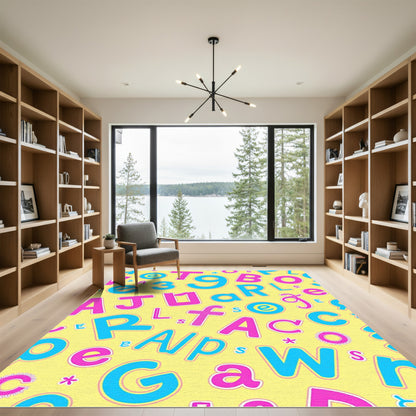 Playful Pink Blue Letters Yellow Background Rug