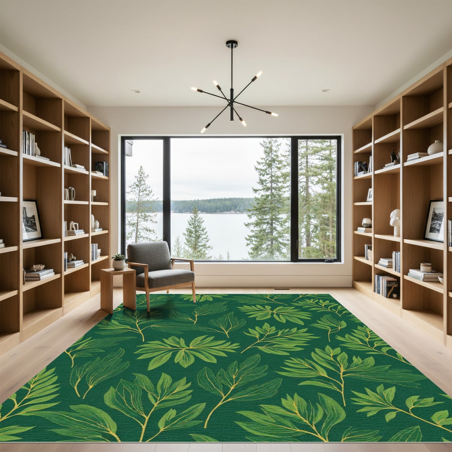 Emerald Green Botanical Leaf Design Rug