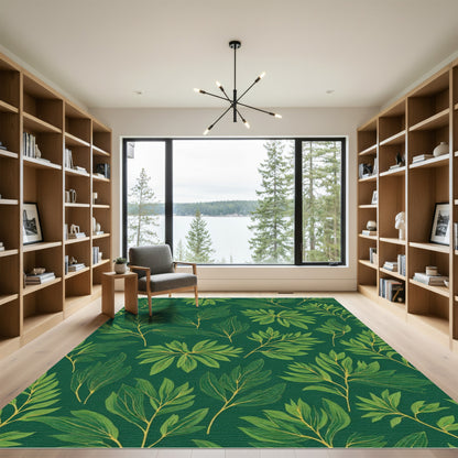 Emerald Green Botanical Leaf Design Rug