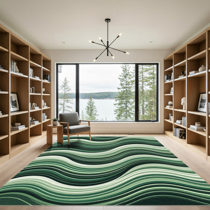 Deep Emerald Abstract Wavy Stripes Rug