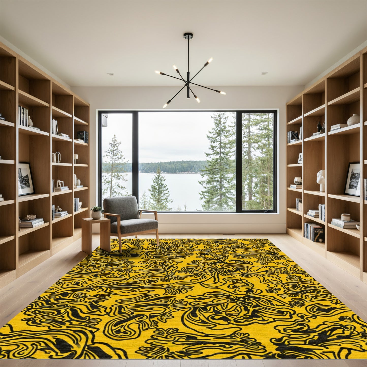 Bold Yellow Abstract Floral Swirl Rug