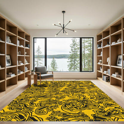 Bold Yellow Abstract Floral Swirl Rug