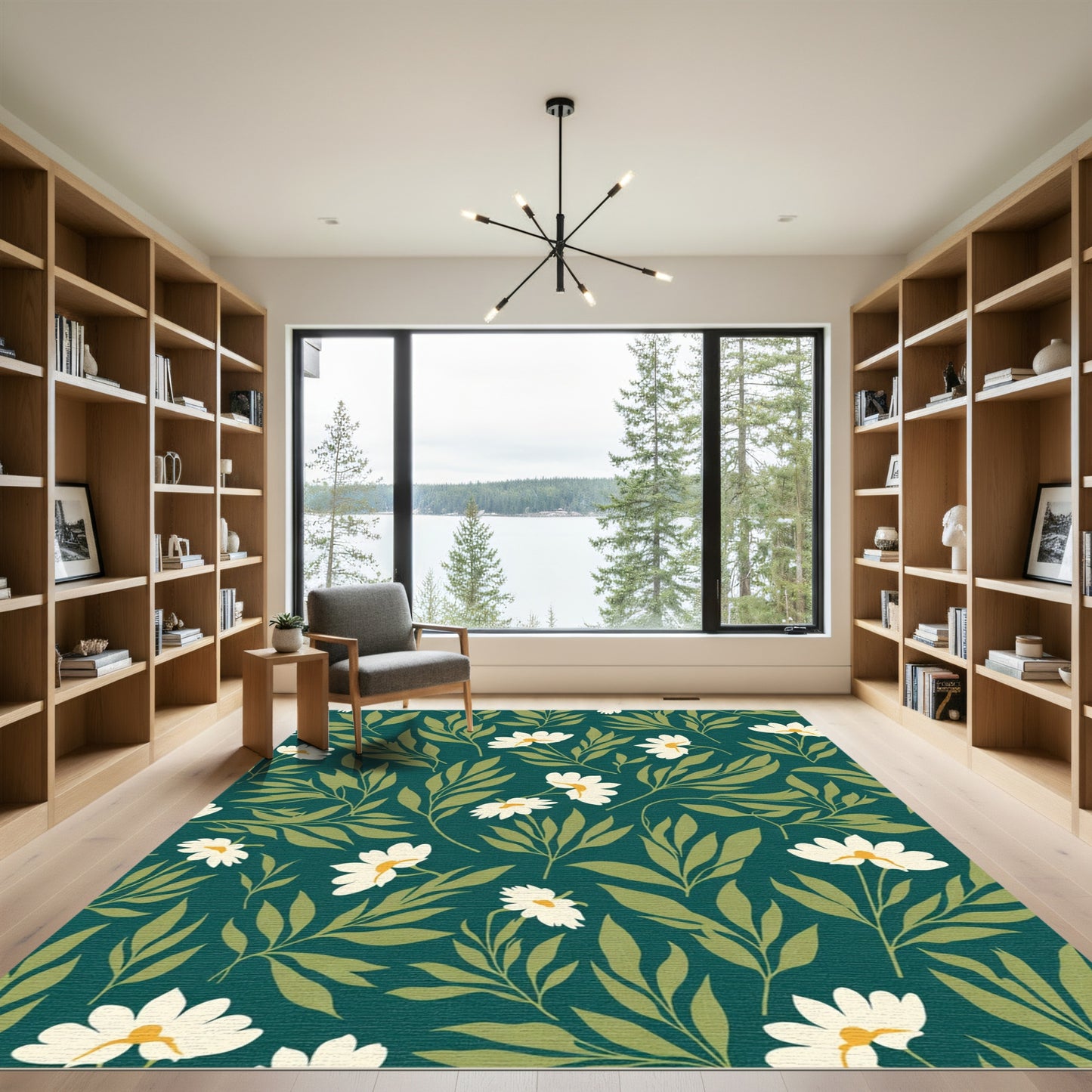 Deep Teal White Daisy Botanical Rug
