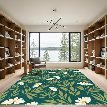 Deep Teal White Daisy Botanical Rug