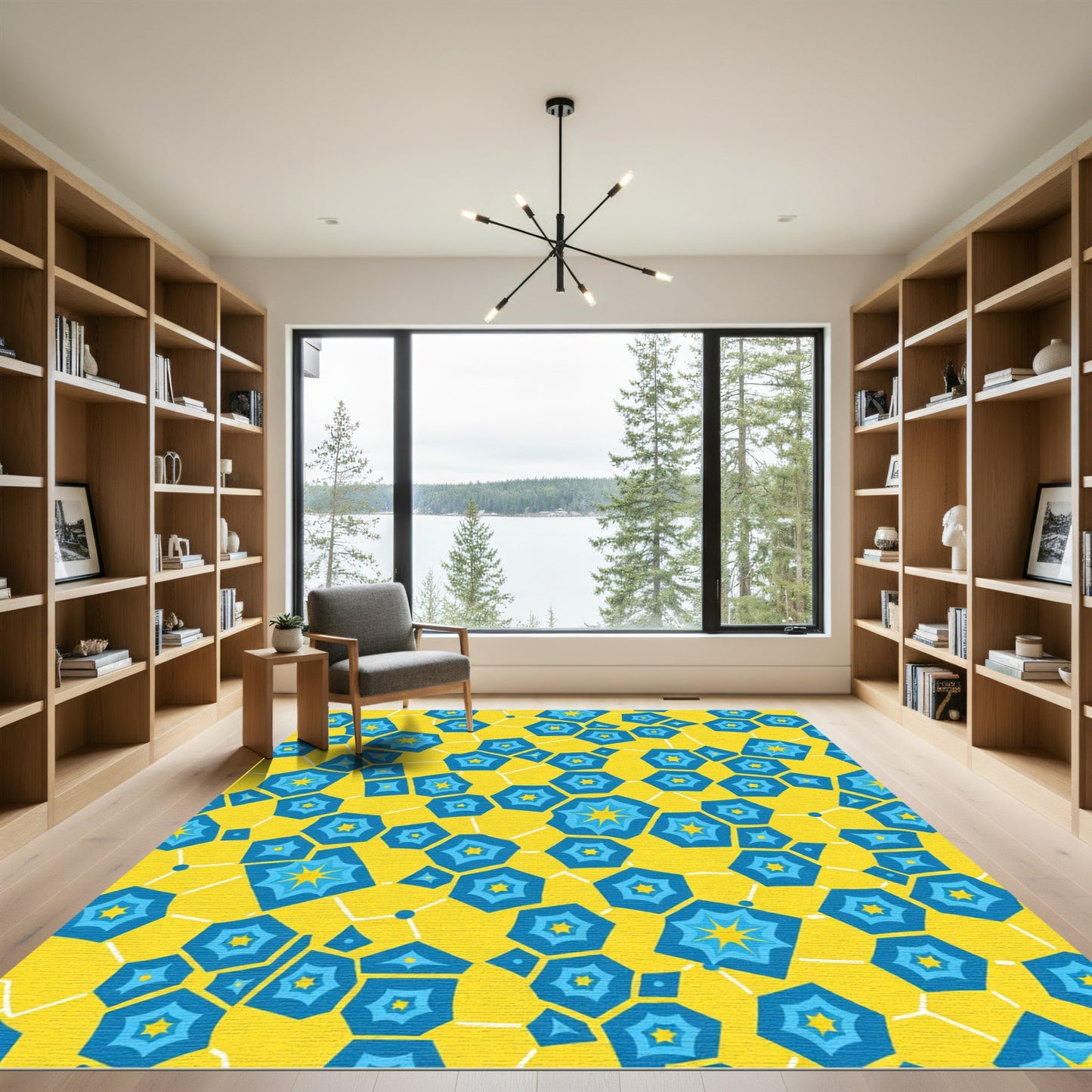 Bright Yellow Blue Starburst Geometric Rug