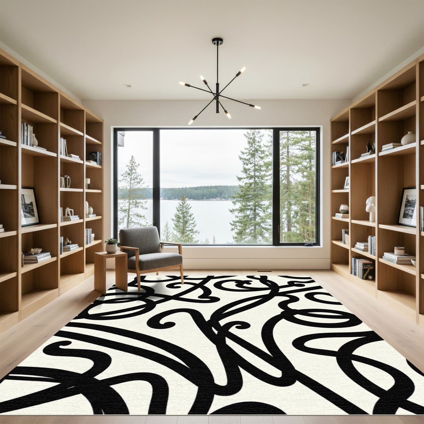 Black Swirling Calligraphic Vine Rug