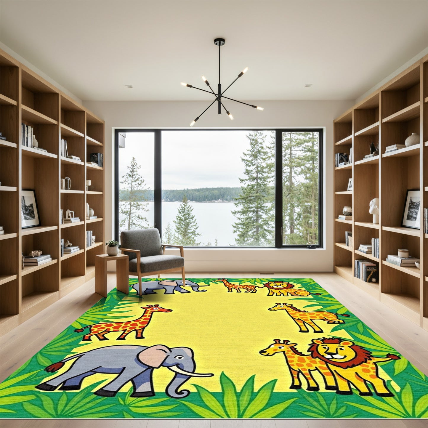 Jungle Animals Border with Elephants Giraffes Lions Rug