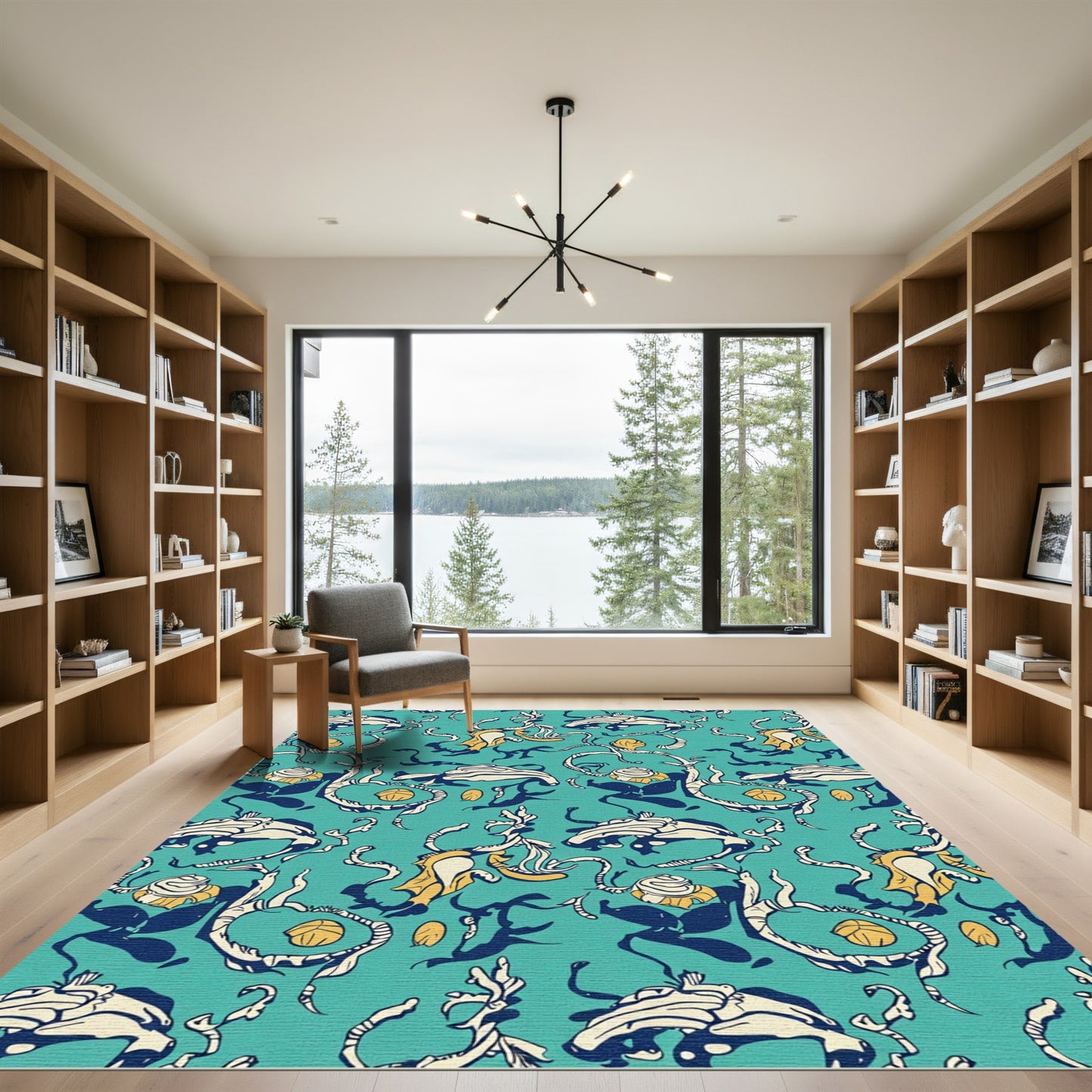 Teal Yellow Floral Branch Arrangement Rug