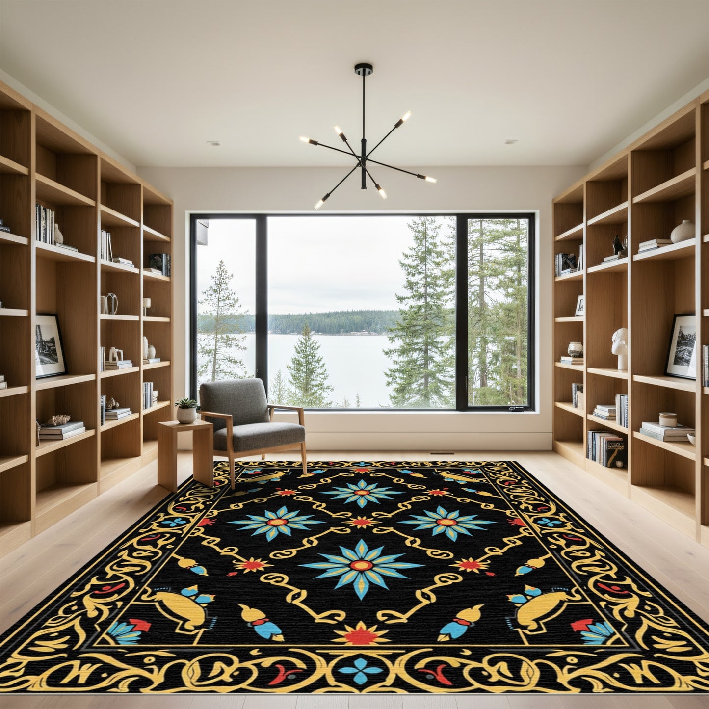 Vibrant Black Floral Medallion Rug