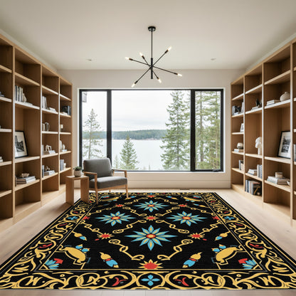 Vibrant Black Floral Medallion Rug