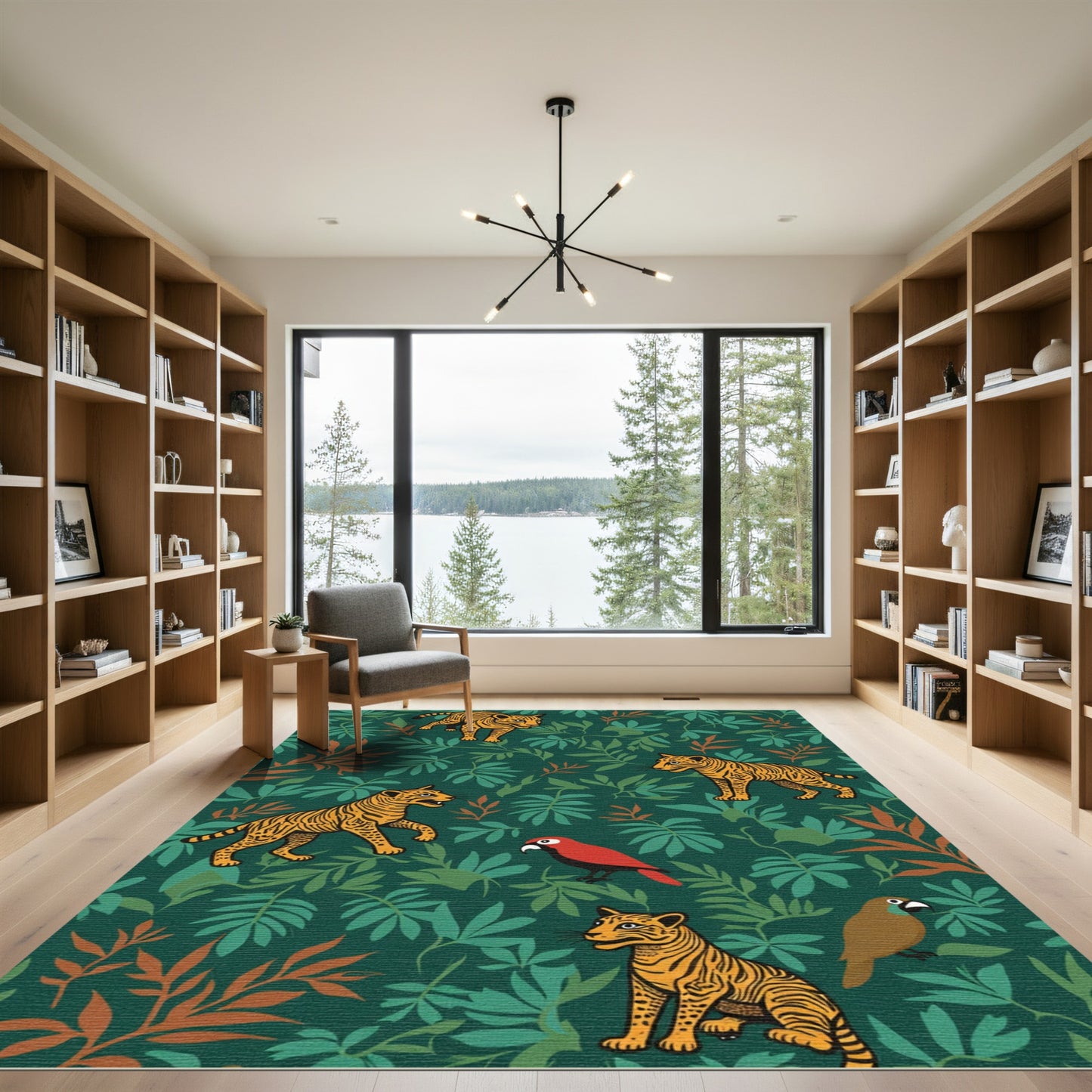 Vibrant Jungle Tiger Parrot Scene Rug