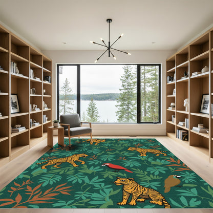 Vibrant Jungle Tiger Parrot Scene Rug