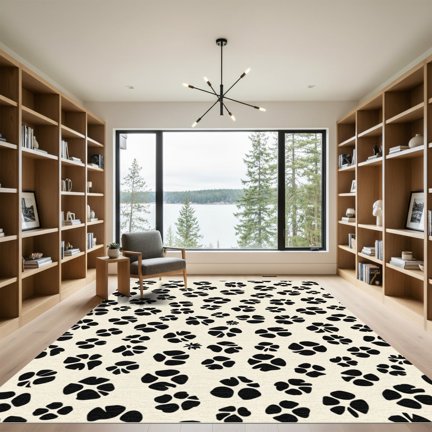 Cream Black Scattered Petal Abstraction Rug