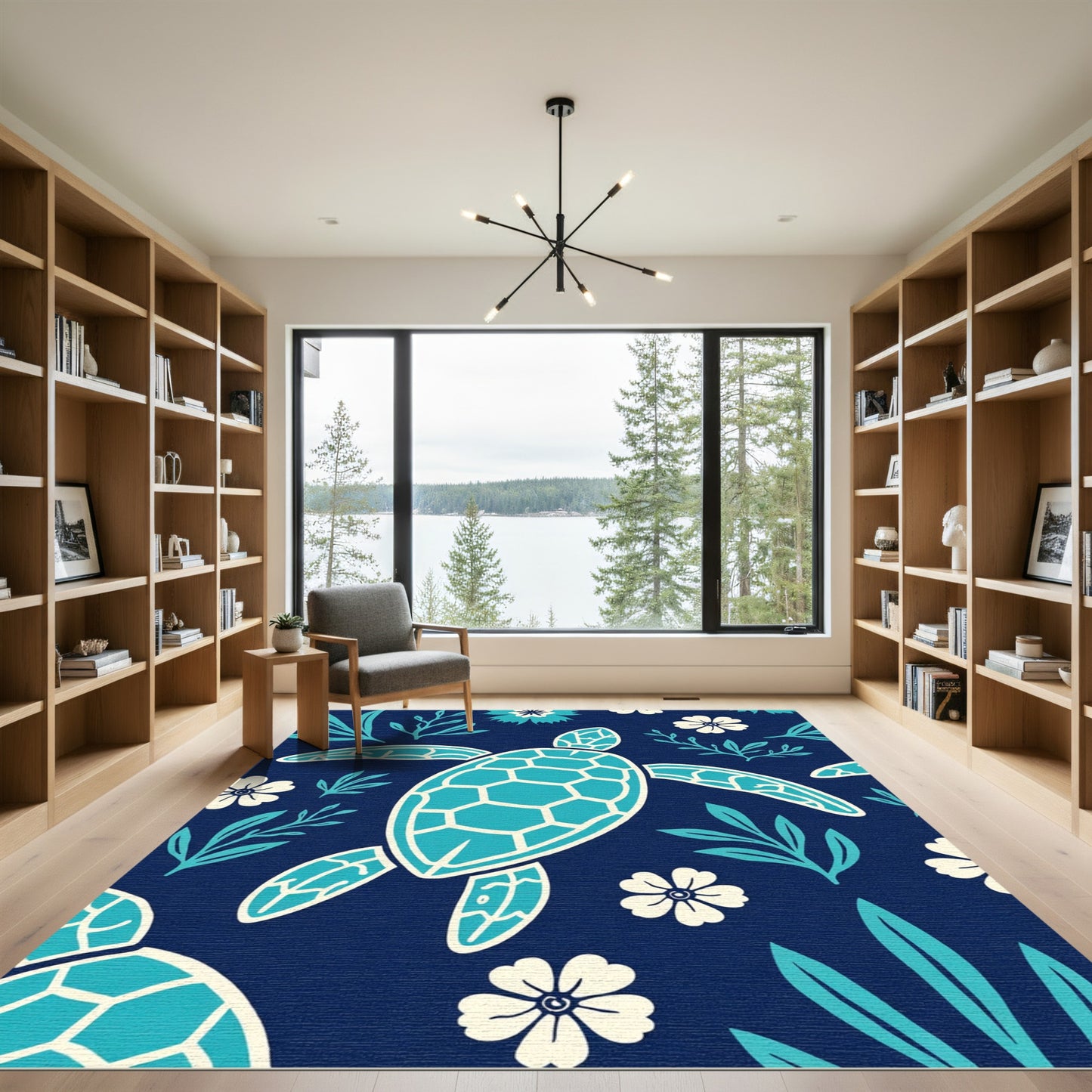 Ocean Blue Turtle Floral Collection Rug