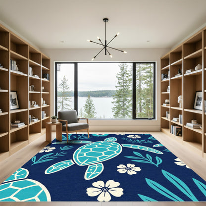 Ocean Blue Turtle Floral Collection Rug