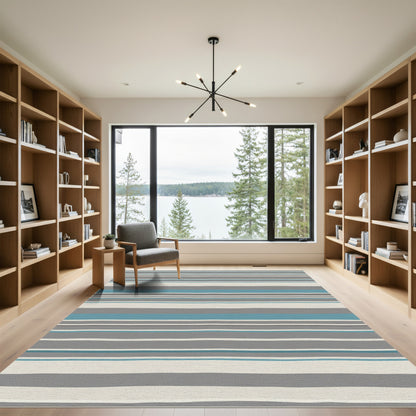 Coastal Gray Blue Stripe Contemporary Rug