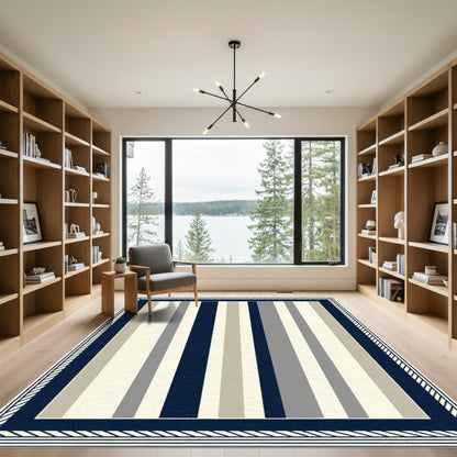 Navy Beige Gray Striped Border Rug