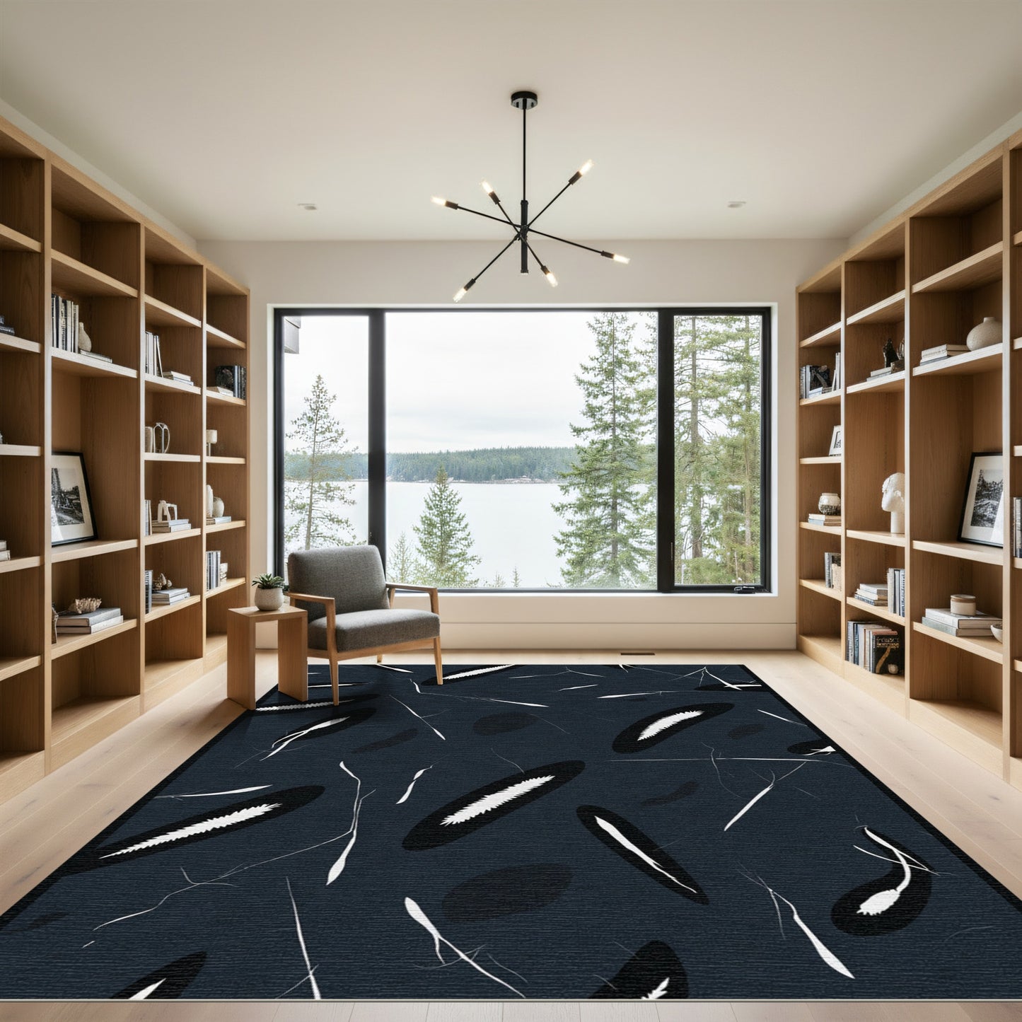 Dark Blue White Abstract Botanical Rug