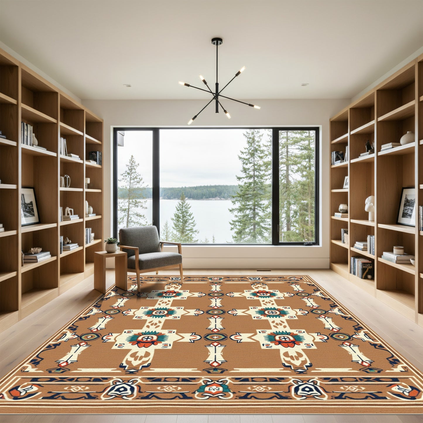 Brown Orange Floral Geometric Border Rug