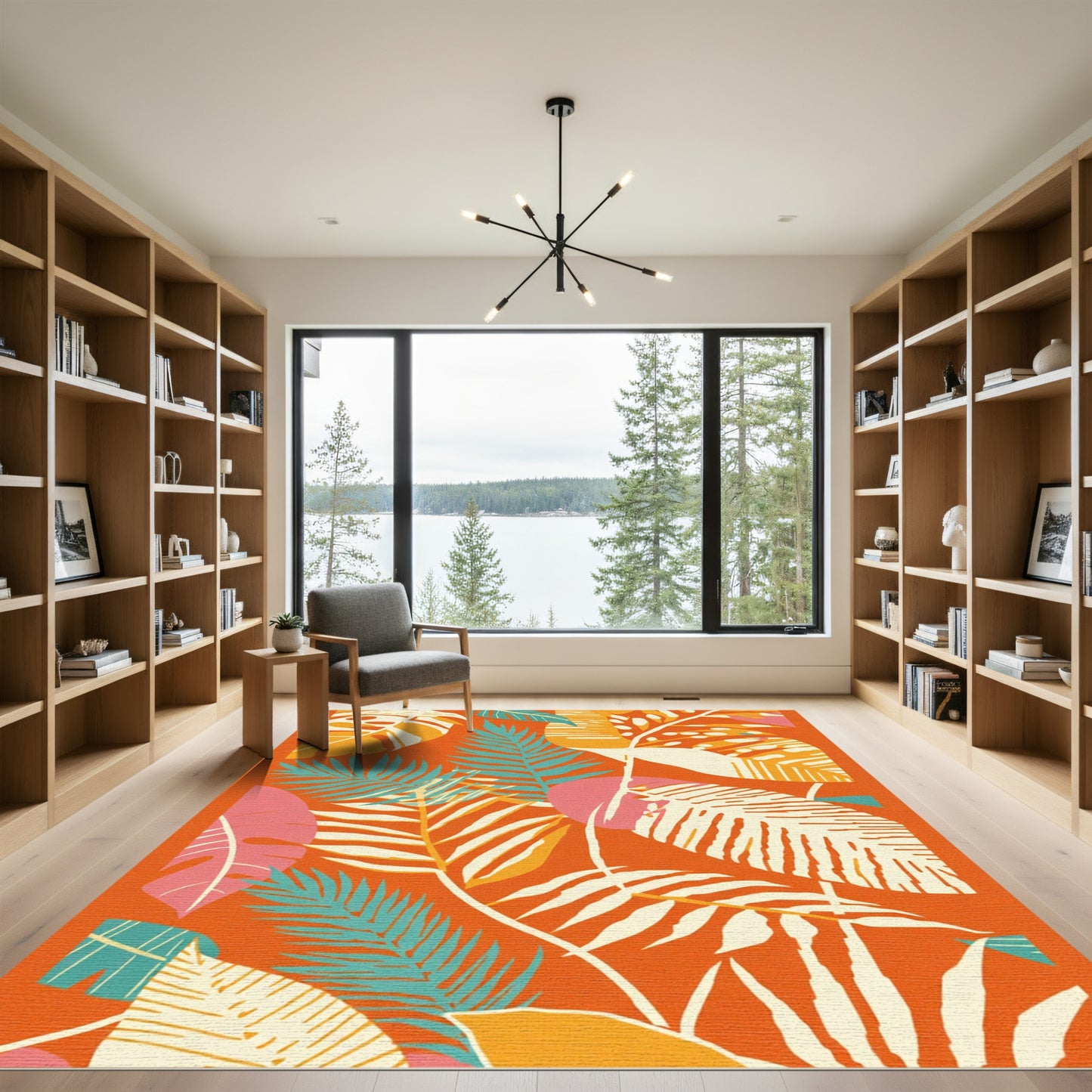 Vibrant Orange Tropical Leaf Collage Rug