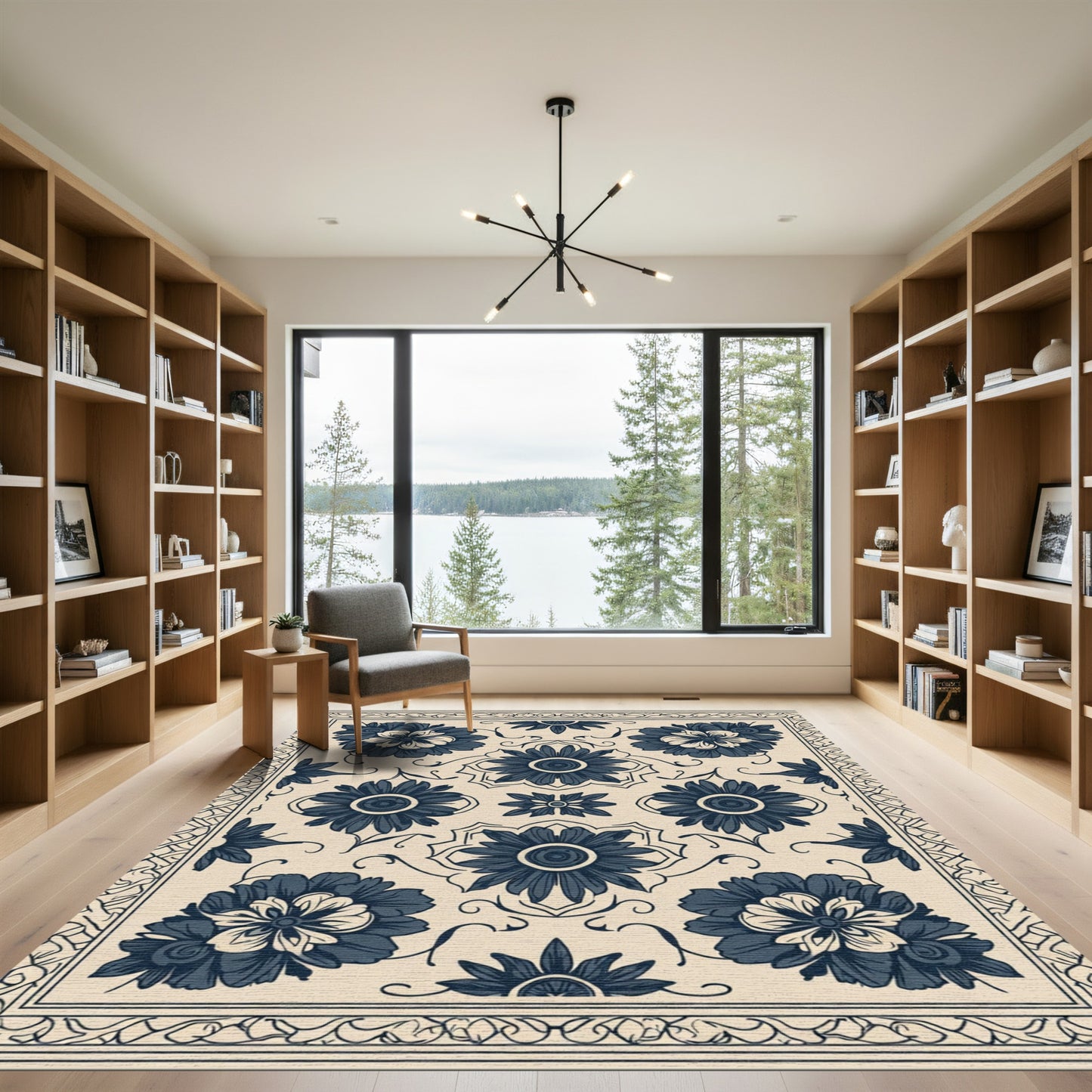 Navy Blue Floral Medallion Composition Rug