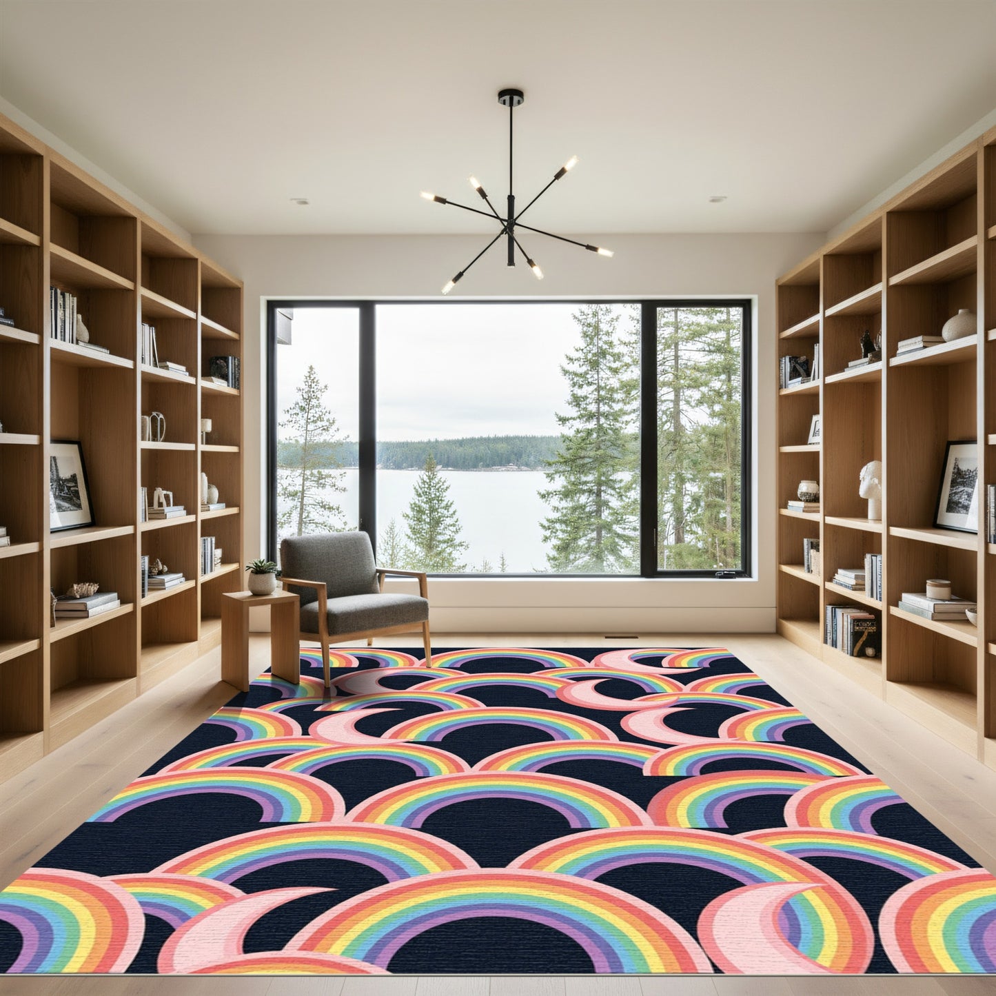 Pink Crescent Rainbow Arc Composition Rug