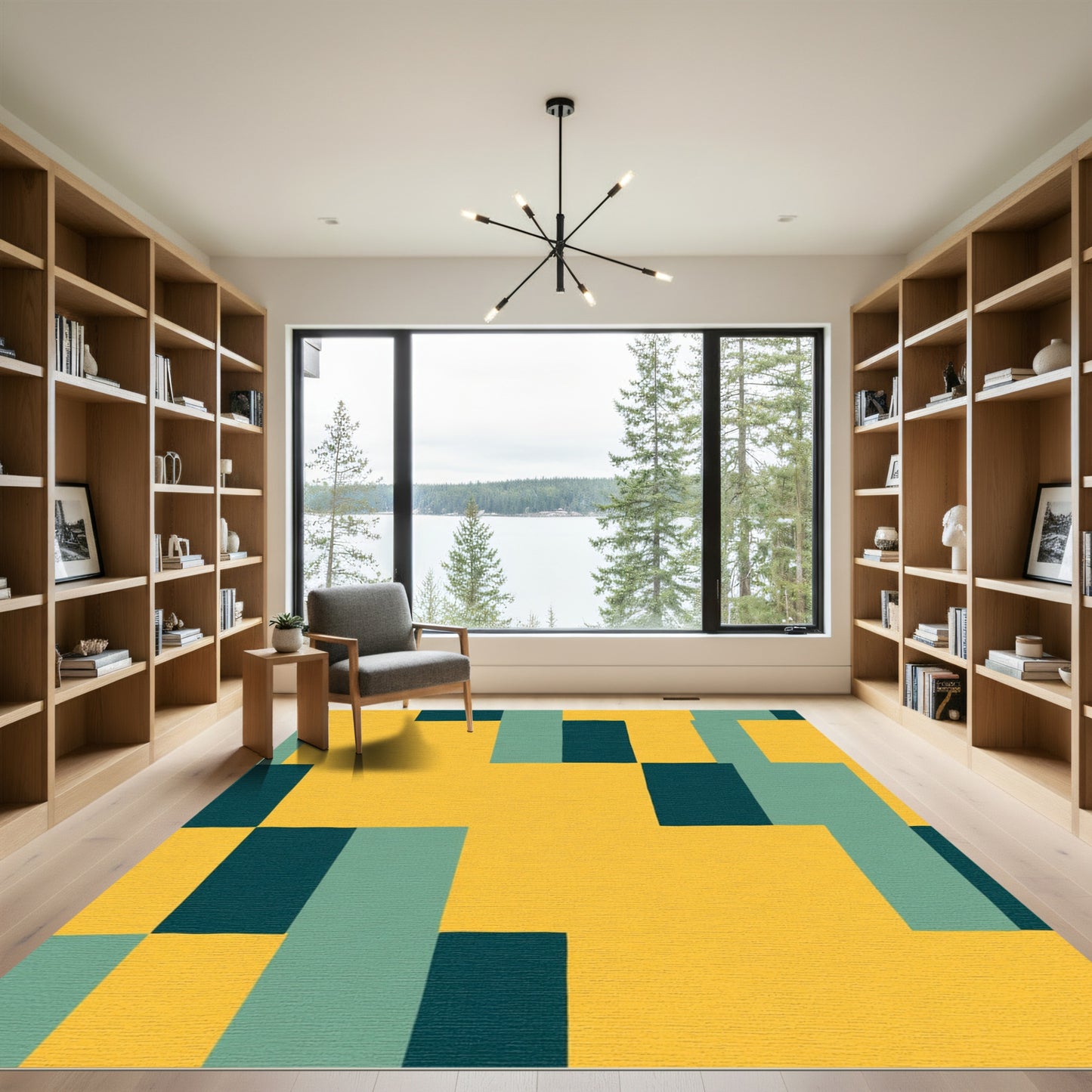 Golden Teal Block Rectangles Rug