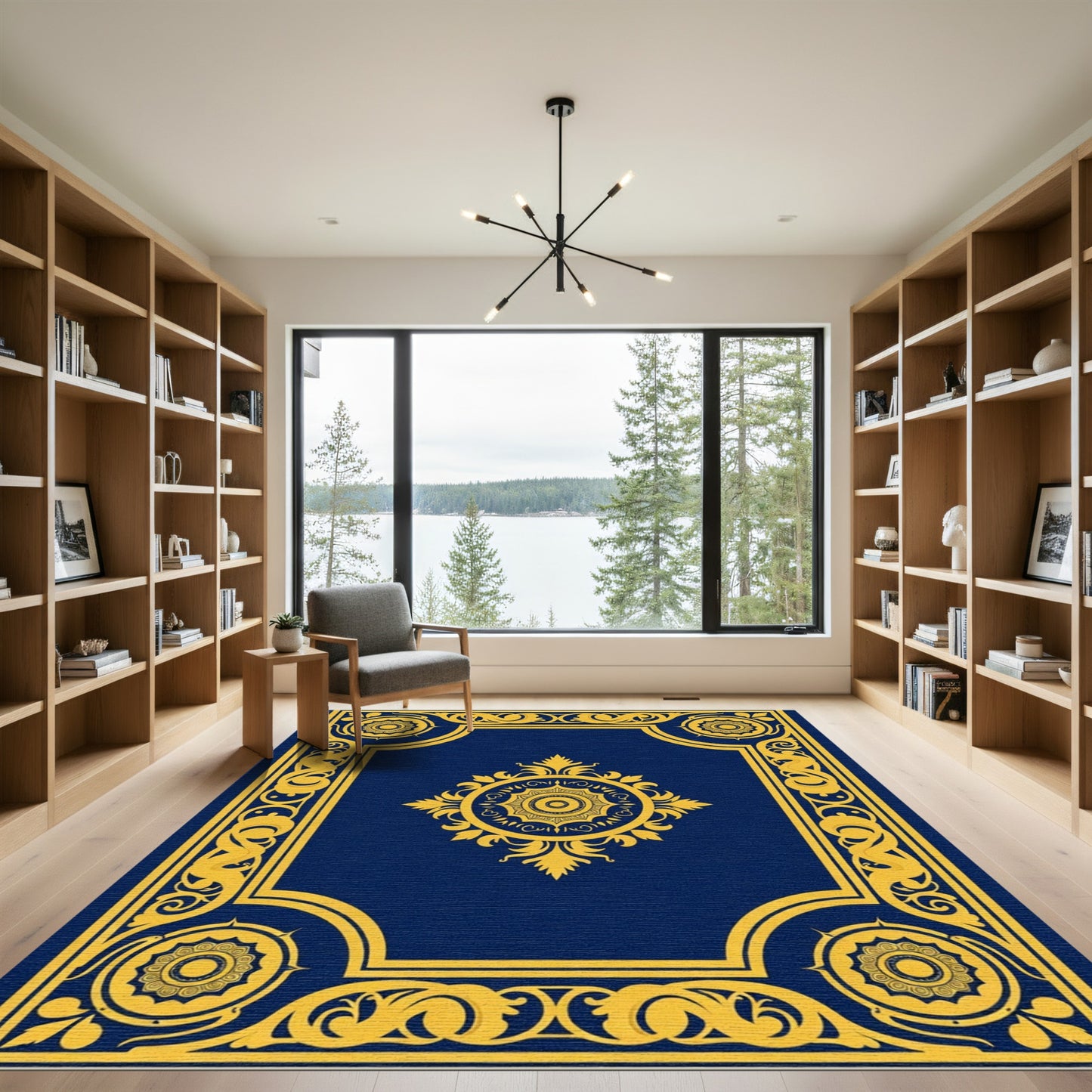 Regal Blue Golden Medallion Border Rug
