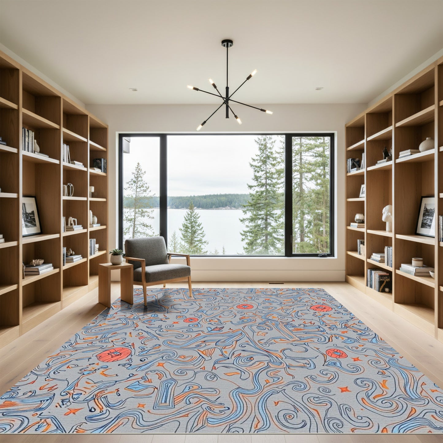 Gray Abstract Swirls Orange Blue Diamonds Rug
