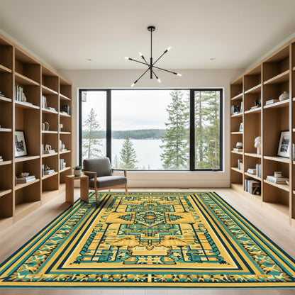 Ornate Yellow Teal Geometric Border Rug