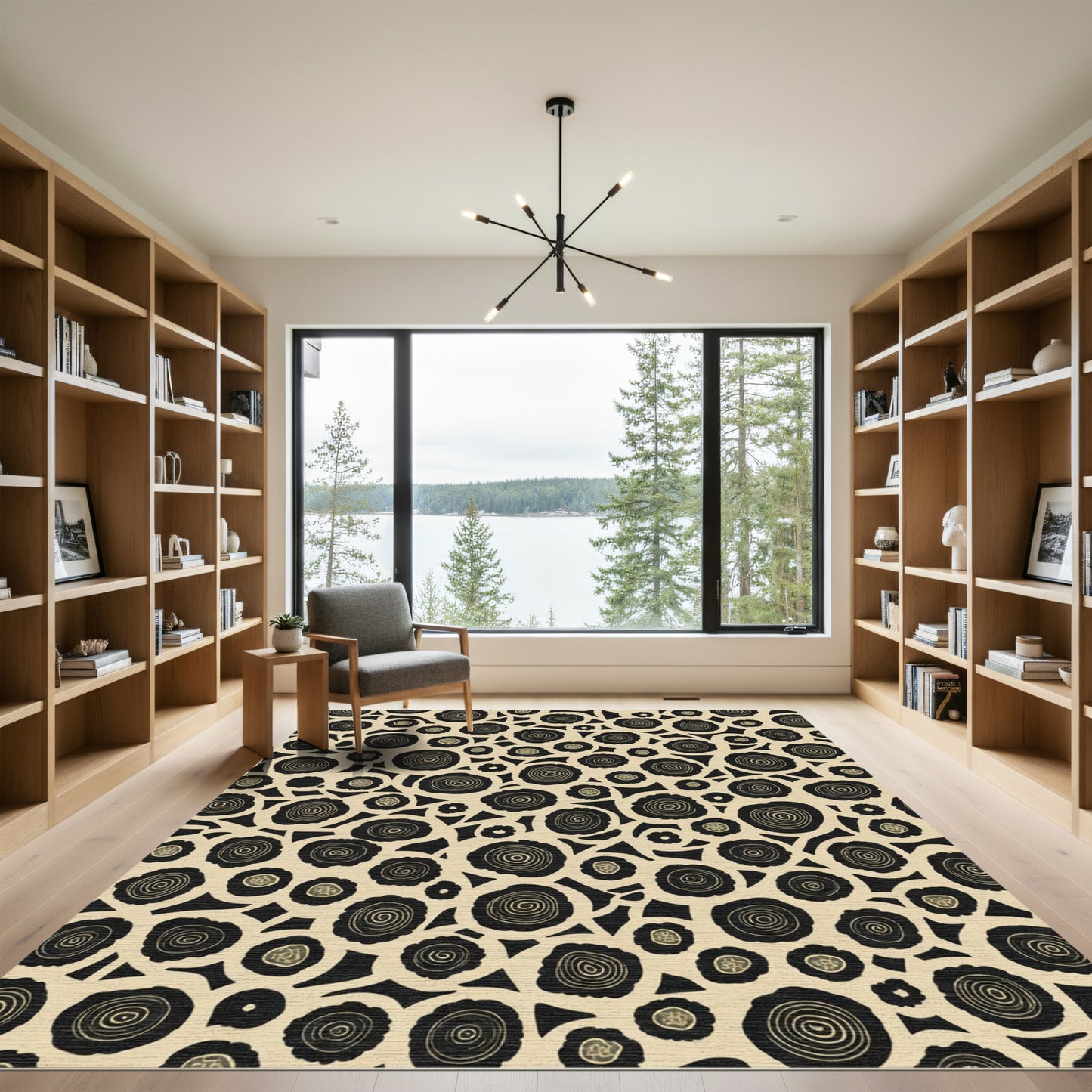 Cream Black Swirl Wood Grain Rug