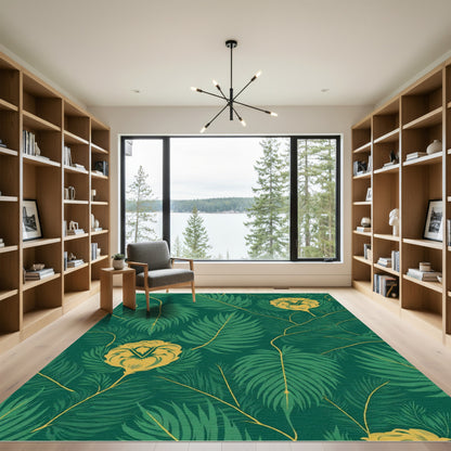 Green Gold Tropical Fern Blossom Rug