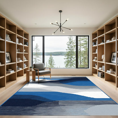 Abstract Blue Gray White Layered Waves Rug