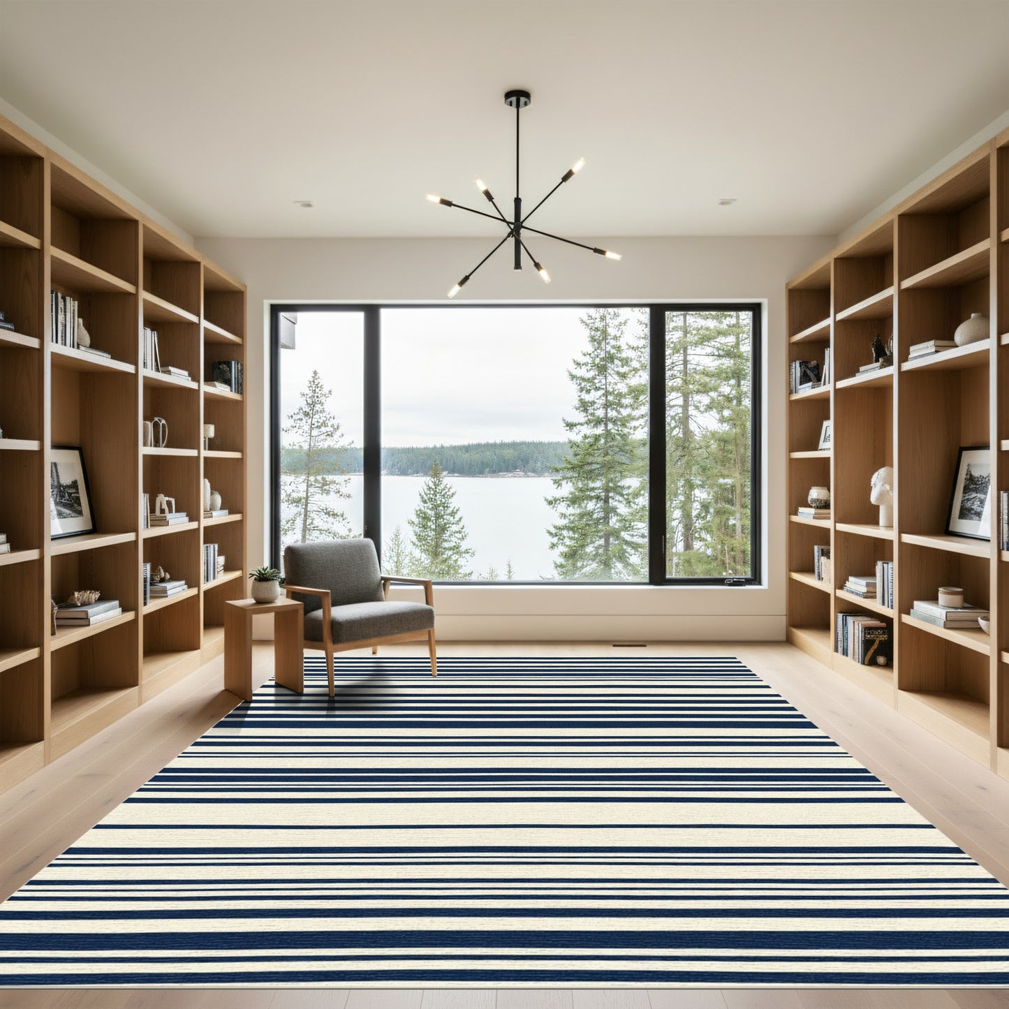 Deep Navy Cream Horizontal Stripe Rug