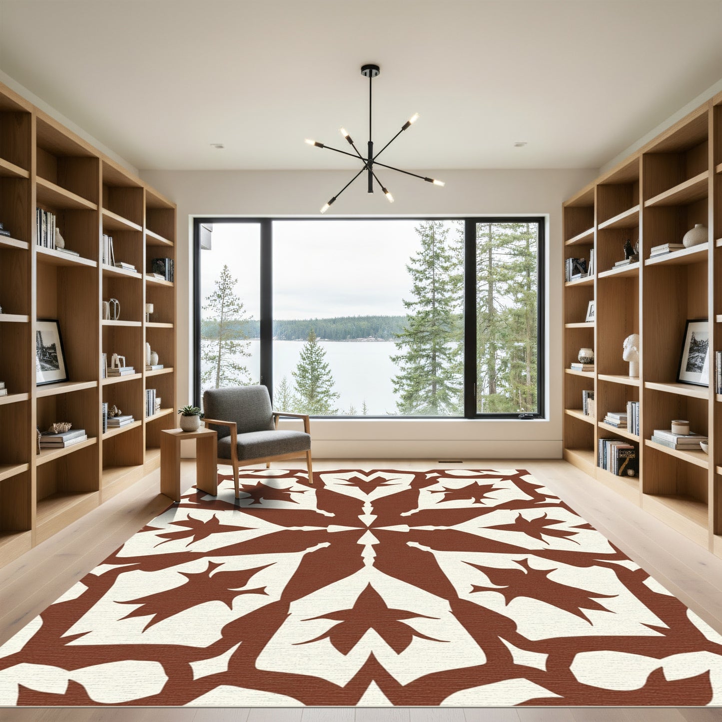 Brown Cream Symmetrical Floral Star Rug